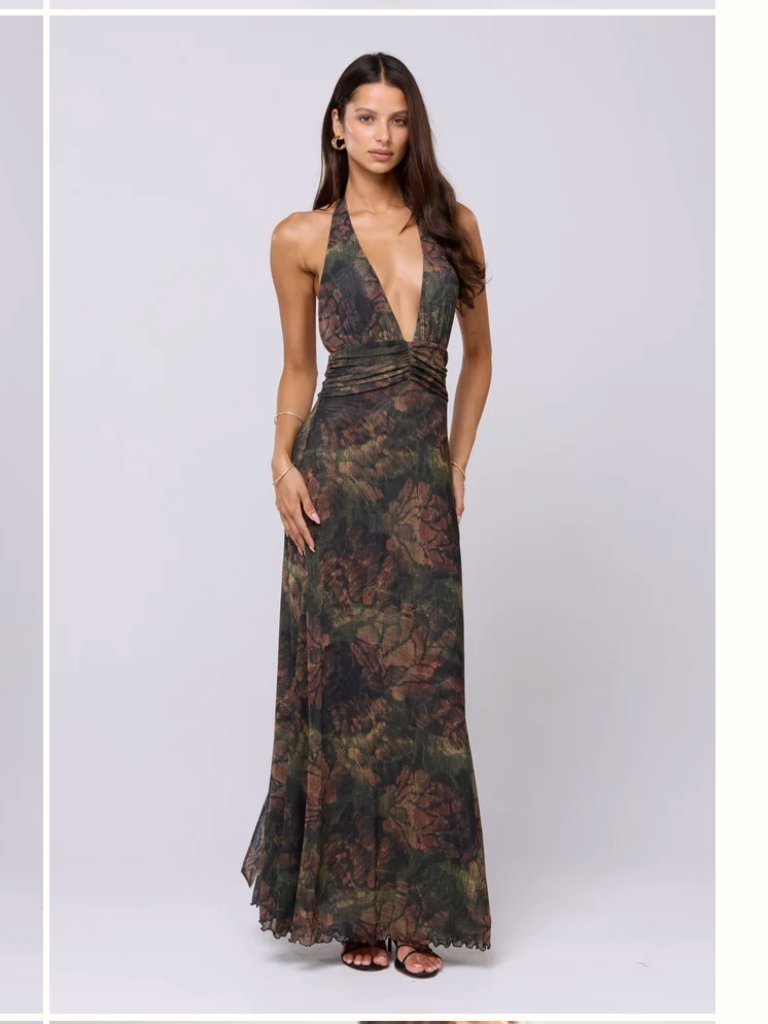 Resa - Xs Chelsea Halter Tie Back Maxi Dress In Autumn - Sheer, Mesh, Lined!